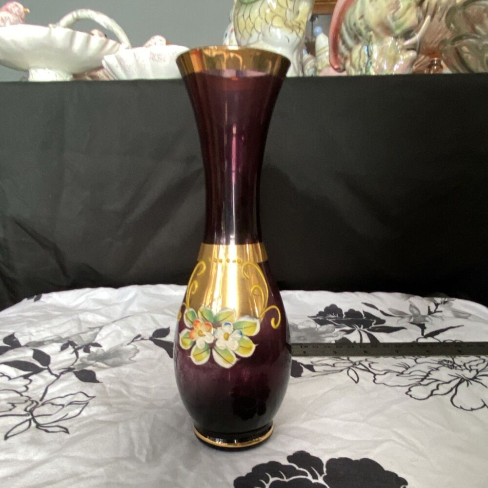 VTG MCM Royal Sealy Japan Cranberry Glass Handpainted 3D Moriage Goldtrim Vase